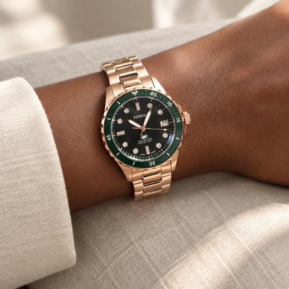 NEW FOSSIL mid size watch in emerald green/rose gold